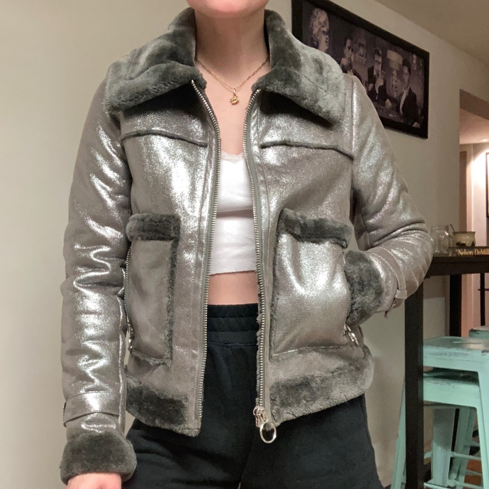 Silver Faux Fur Moto Jacket